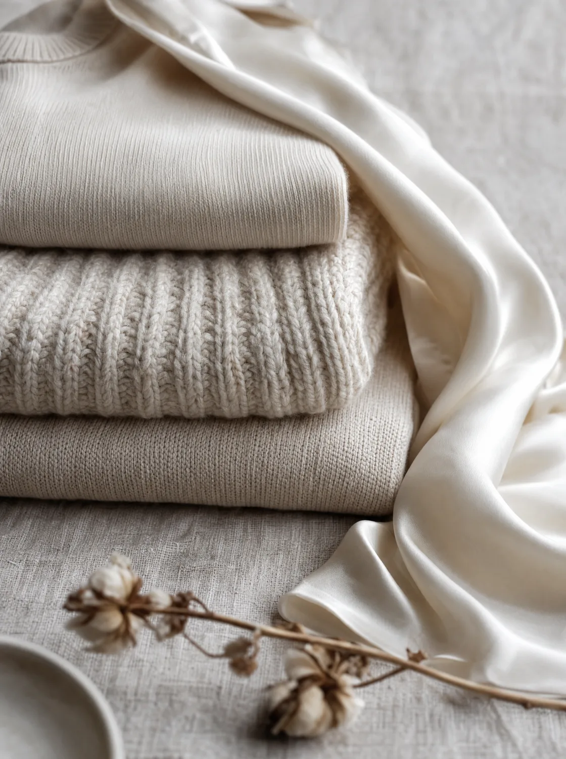 Gestapelte Strickpullover und Seide in Naturtönen
