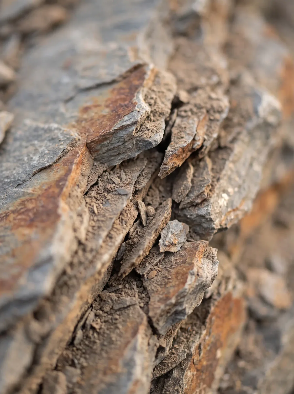Makroaufnahme von aufgebrochenem Schiefergestein mit rostroten Adern