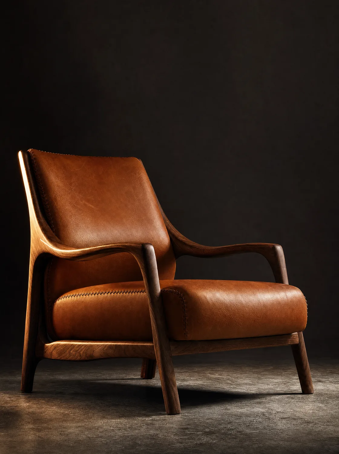 Skulpturaler Lounge-Sessel aus Cognac-Leder mit Holzgestell