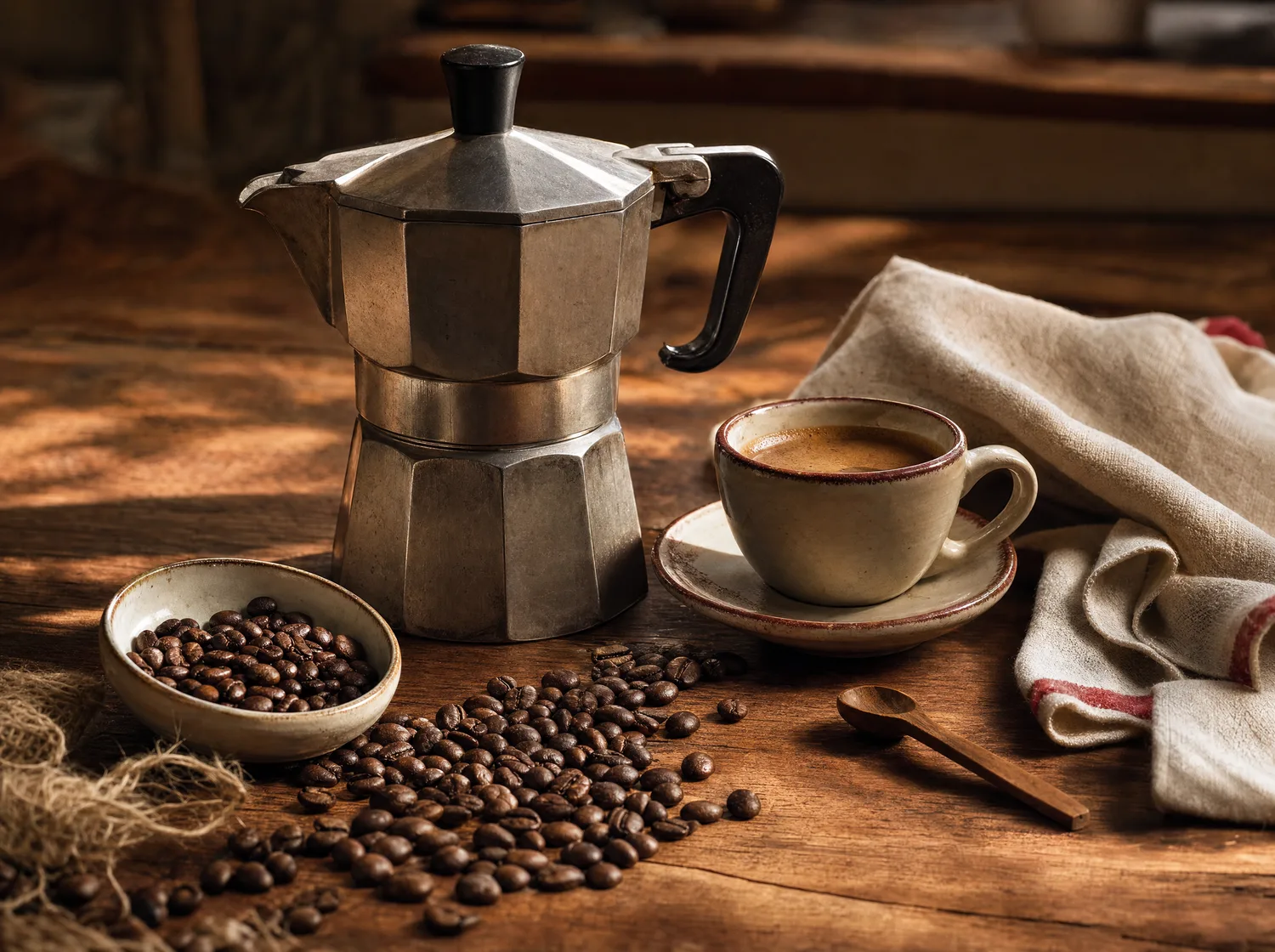Stillleben mit Kaffeebohnen, Mokkakanne und Espressotasse