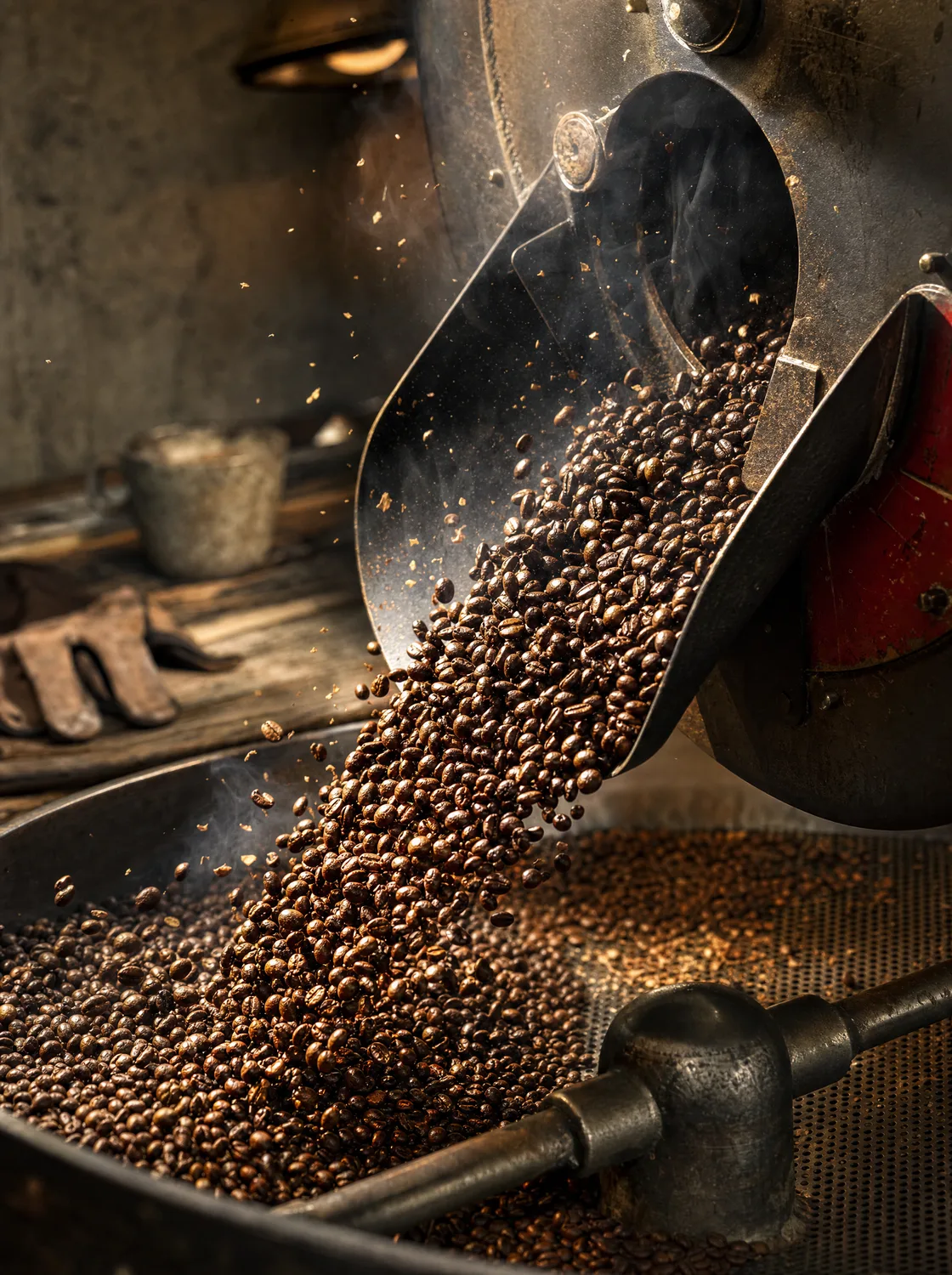 Frisch geröstete Kaffeebohnen fallen aus dem Röster