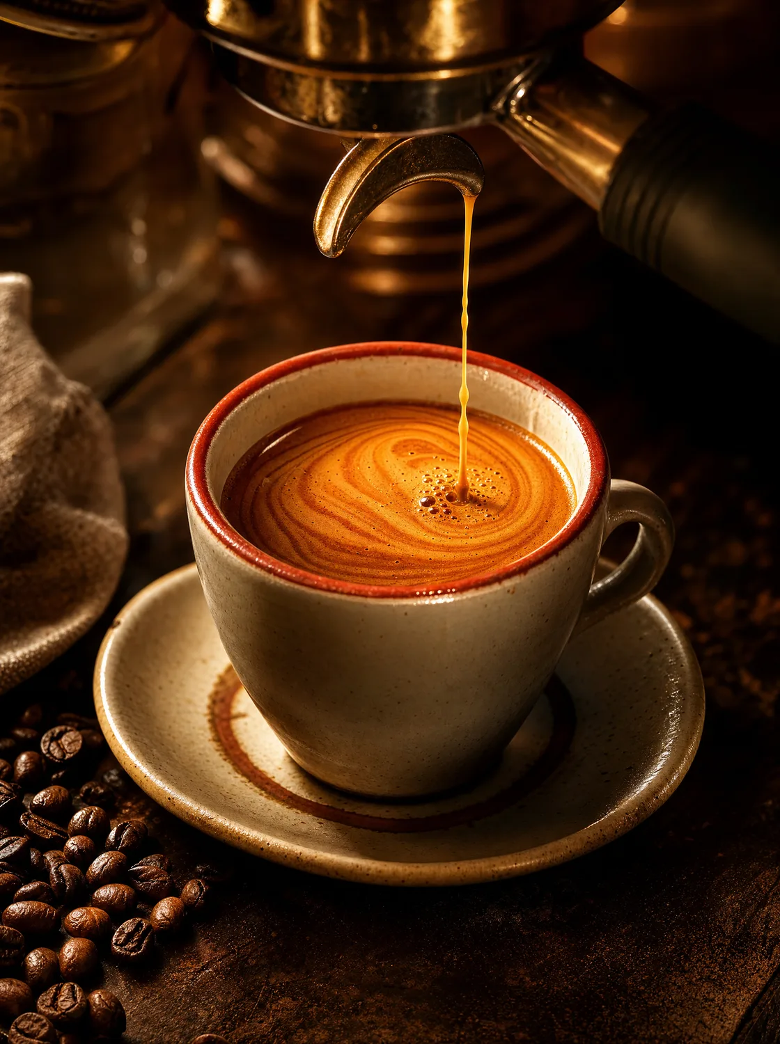 Espresso wird in eine Tasse extrahiert, warmes Licht