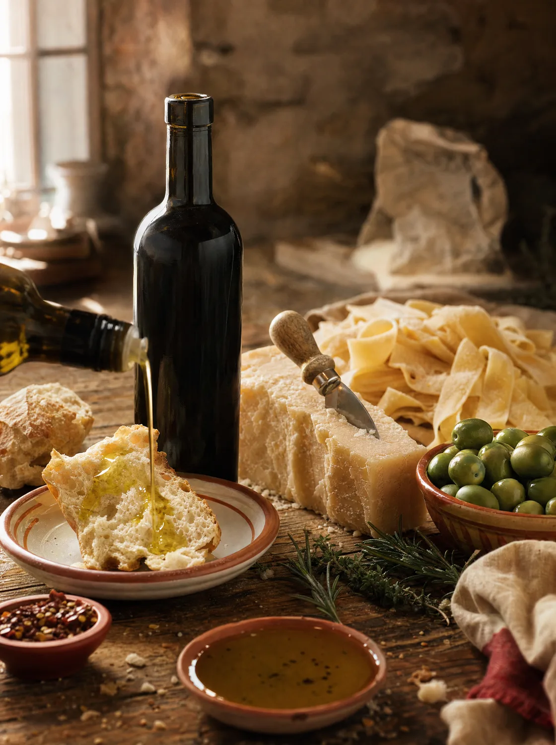 Gedeckter Feinkost-Tisch mit Öl, Brot und Pasta
