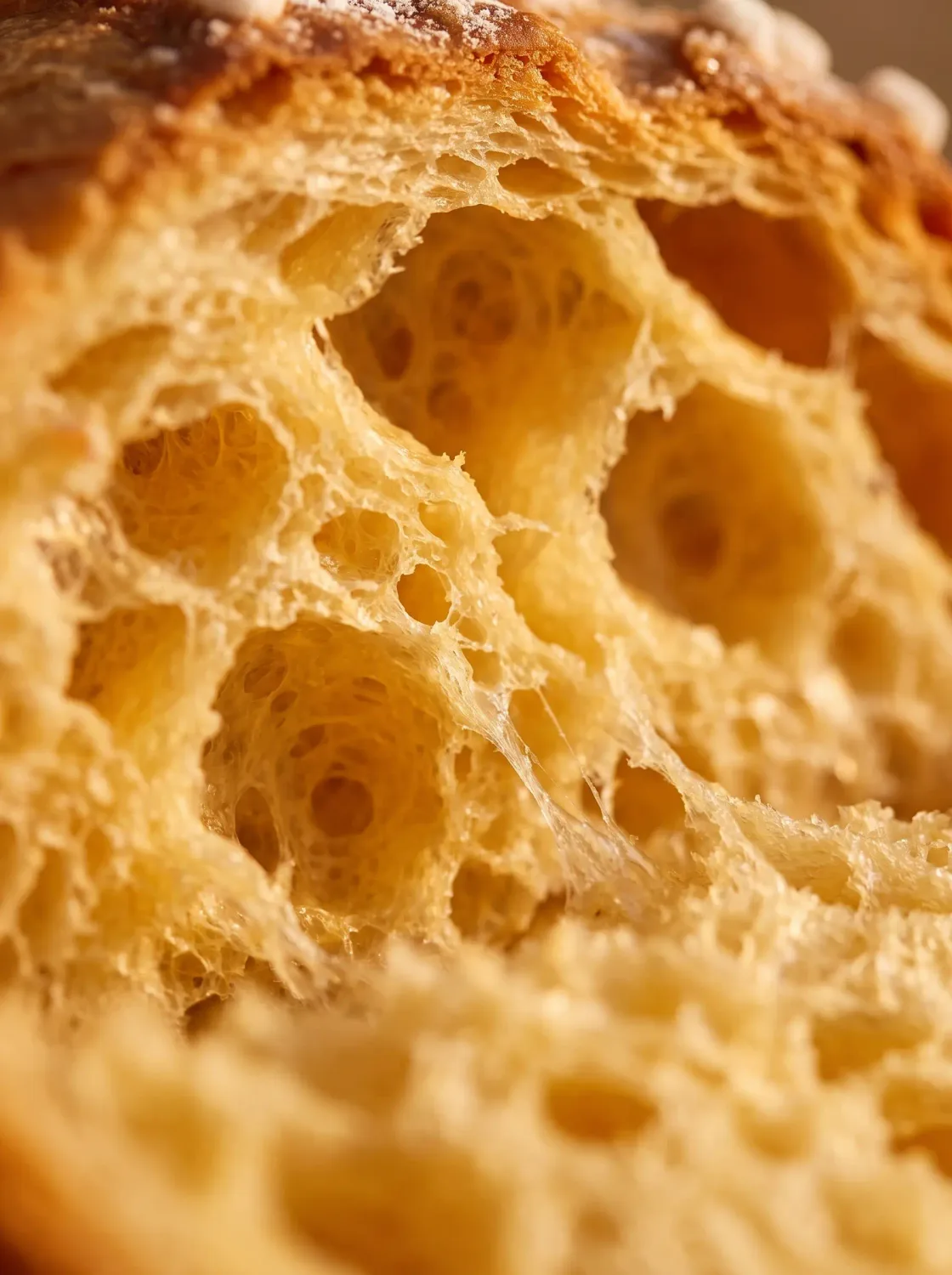 Makroaufnahme der offenen, langfaserigen Krume eines Panettone