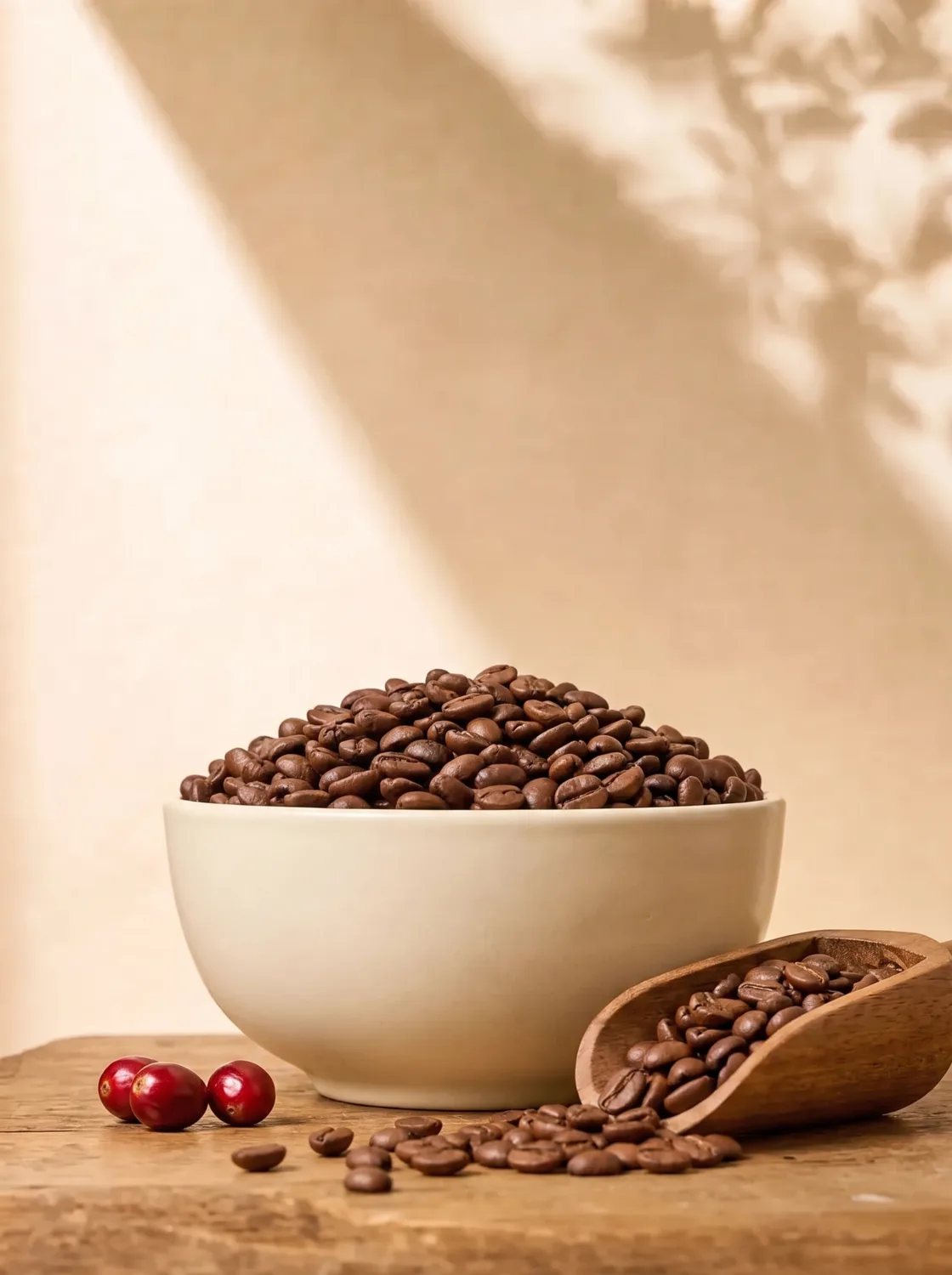 Schale mit frisch gerösteten Kaffeebohnen auf einem Holztisch, daneben rote Kaffeekirschen