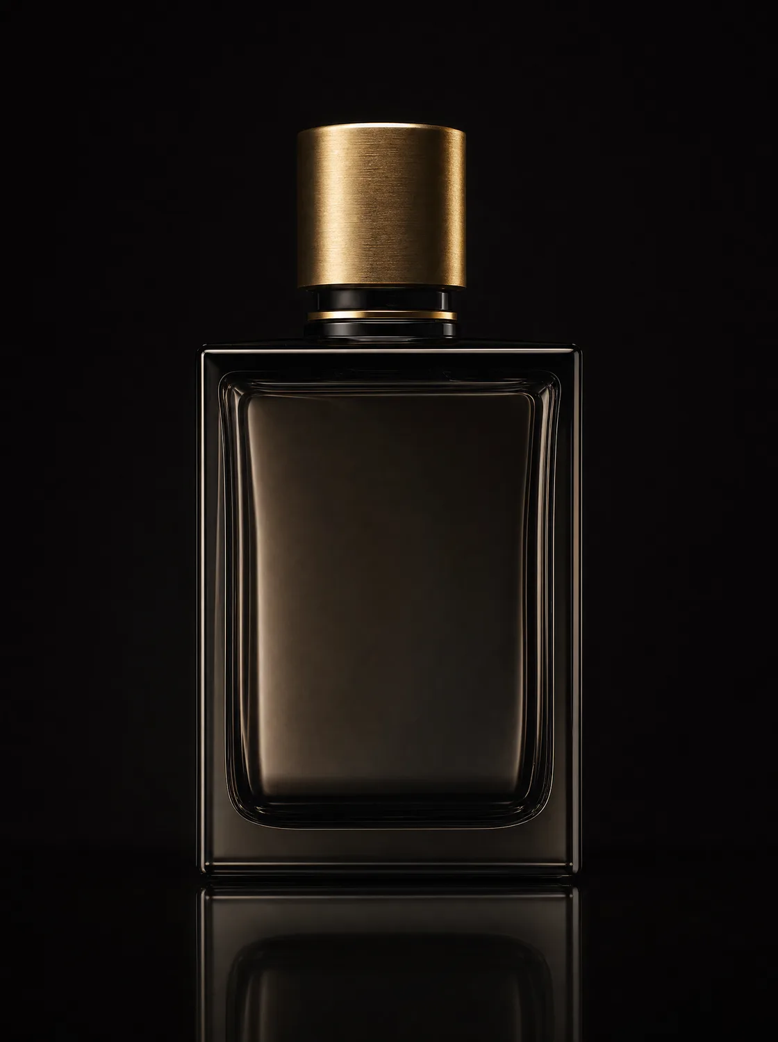 Parfumflakon aus rauchbraunem Glas mit gebürstetem Goldverschluss