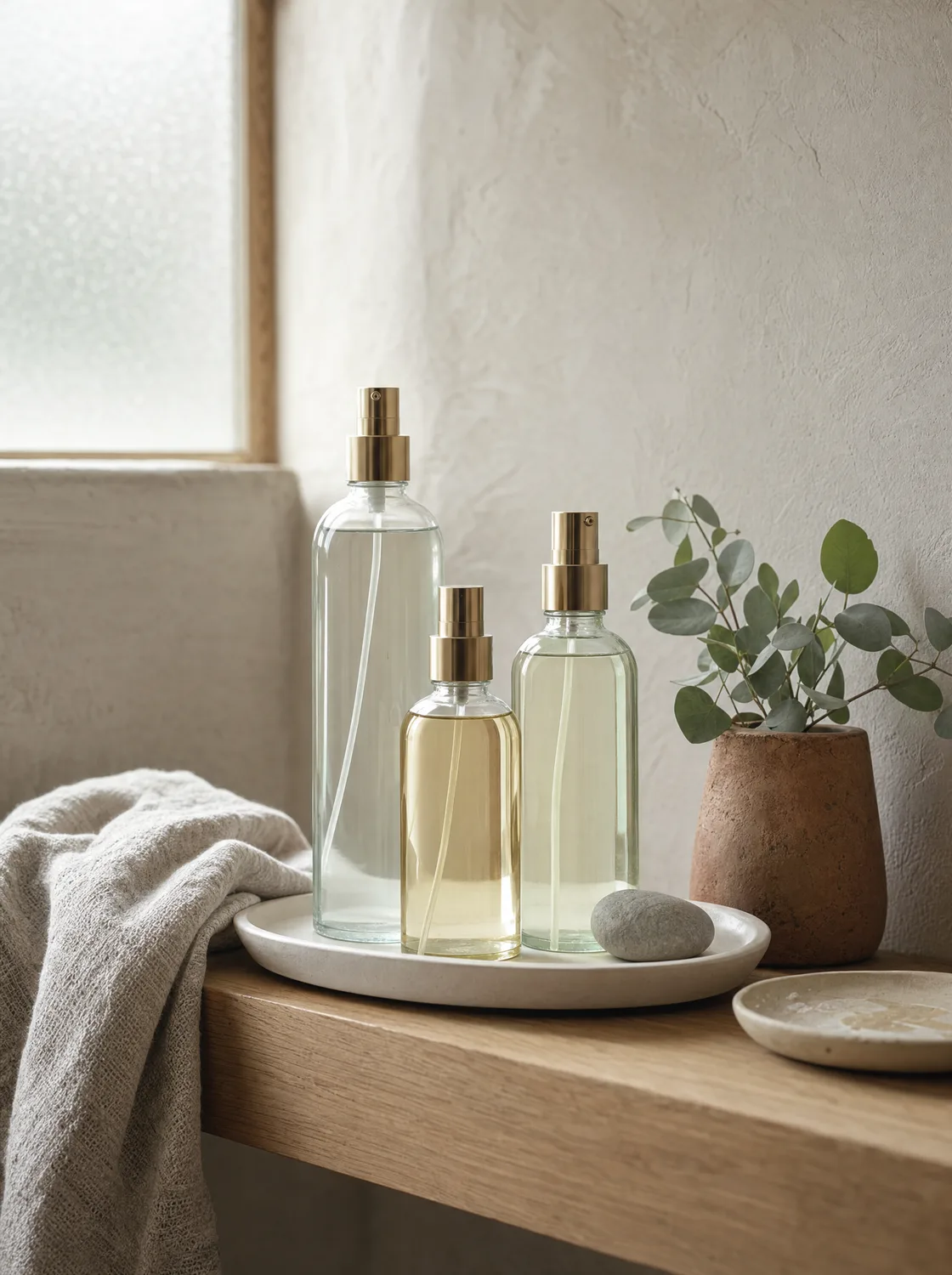 Badezimmer-Regal mit Pflegeprodukten und Pflanze