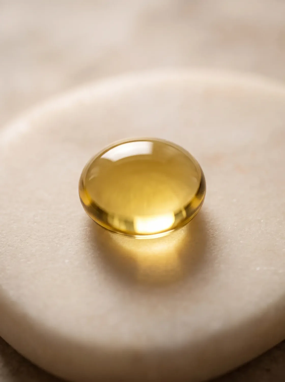 Makroaufnahme eines goldenen Öltropfens auf einer hellen Steinscheibe