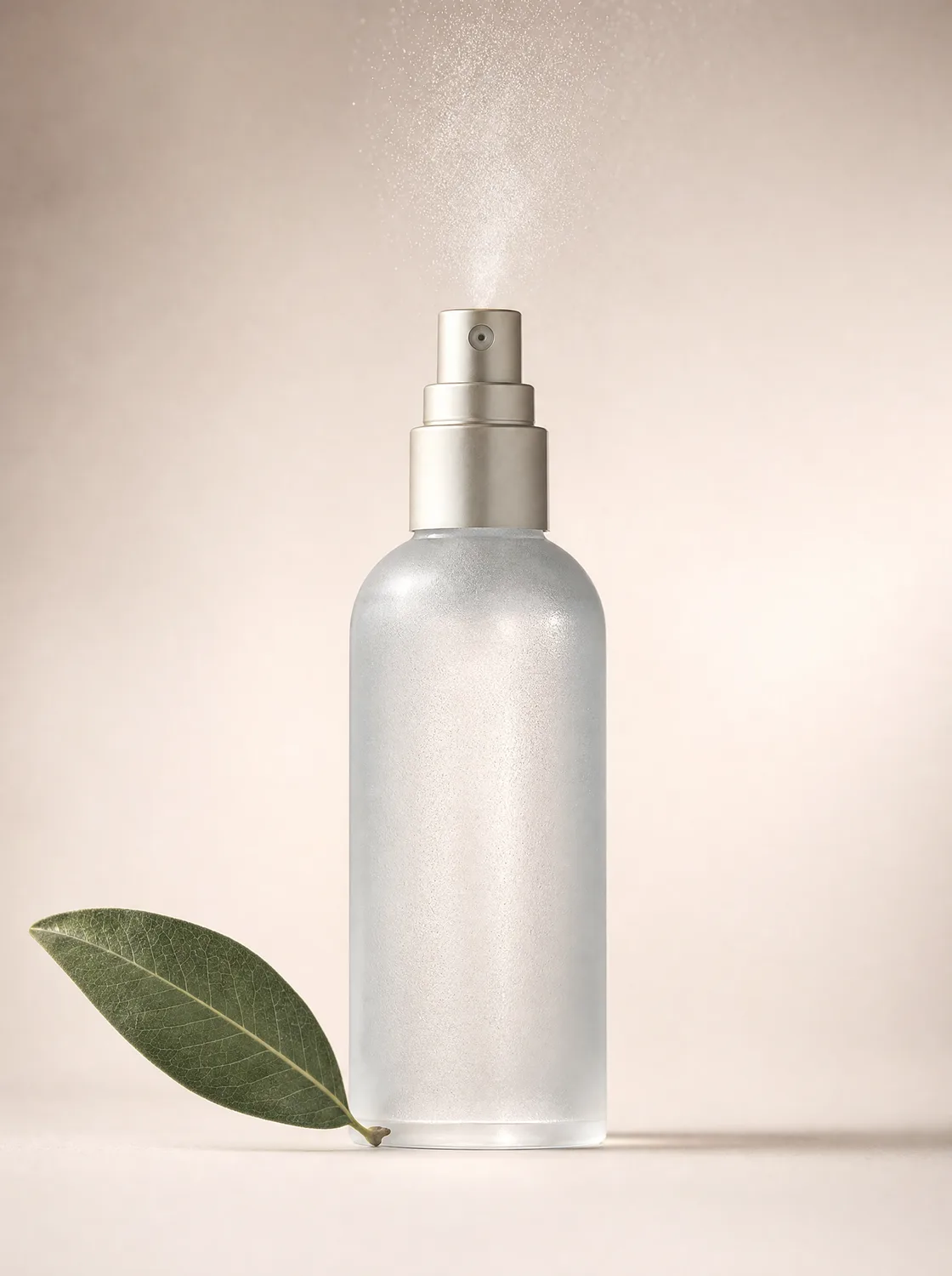 Sprühflasche aus mattiertem Glas im Sprühstoß, daneben ein Blatt